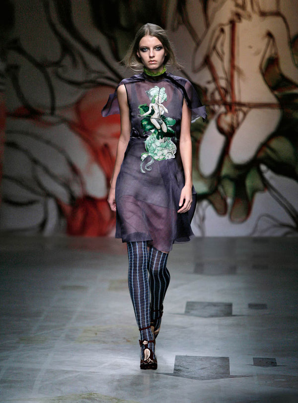 Prada S/S 2008 Grey Sheer Printed Capelet Blouse