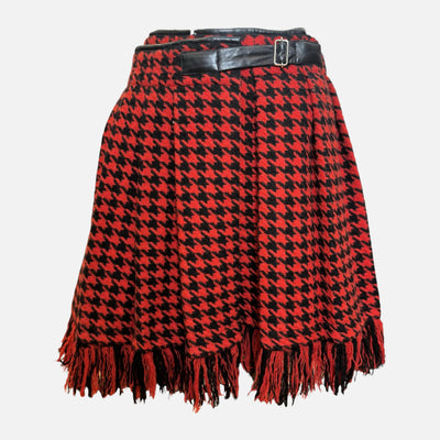 Yohji Yamamoto F/W 2003 Red And Black Houndstooth Fringed Wrap Skirt With Lambskin Waistband