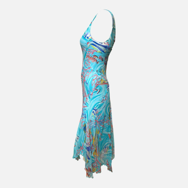 Blumarine 2000s Aqua Sheer Coral-Print Asymmetric Midi Dress