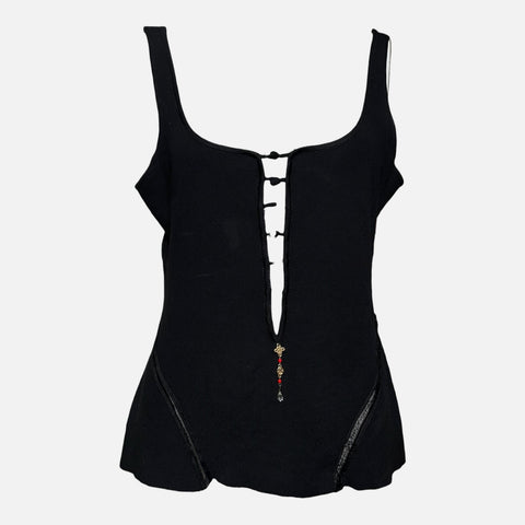 Roberto Cavalli S/S 2003 Black And Red Chinoiserie Floral-Panel Sleeveless Top