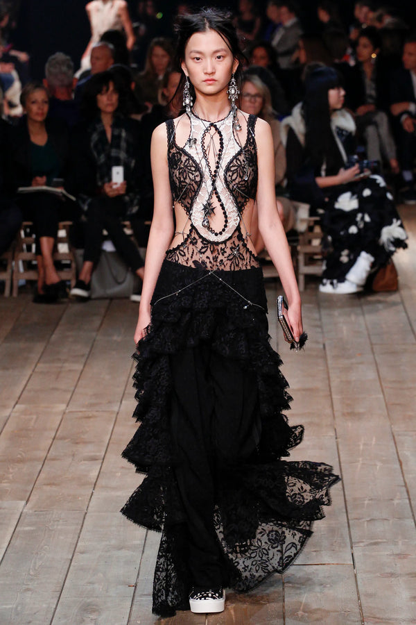 Alexander McQueen S/S 2016 Black And Ivory Lace Cut-Out Tiered High-Low Gown