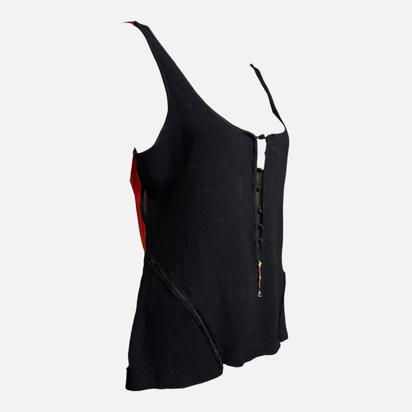 Roberto Cavalli S/S 2003 Black And Red Chinoiserie Floral-Panel Sleeveless Top