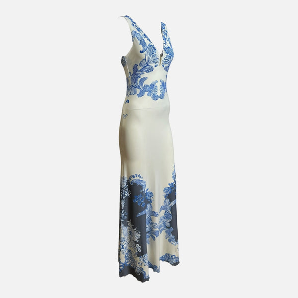 Roberto Cavalli F/W 2007 Ivory And Blue Baroque Floral-Print Maxi Dress