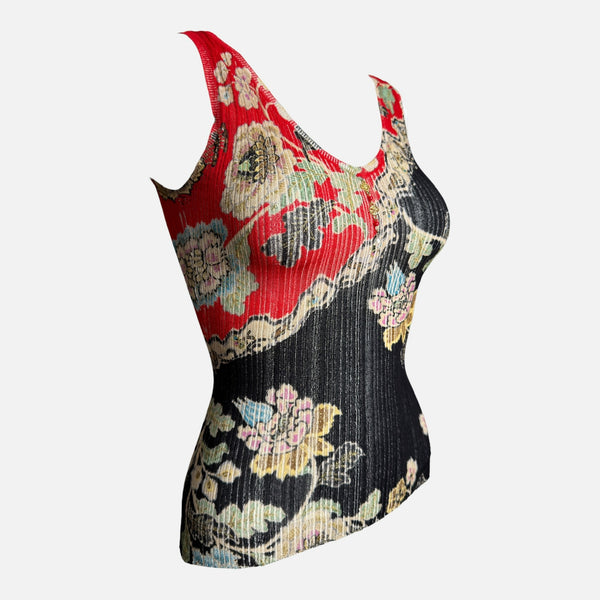 Roberto Cavalli S/S 2003 Black And Red Chinoiserie Pleated Silk Tank Top