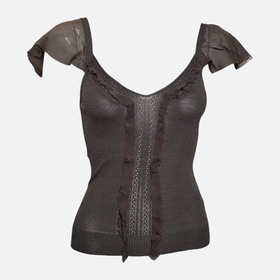 Valentino S/S 2003 Brown Knit Ruffle-Trim Crystal-Embellished Top