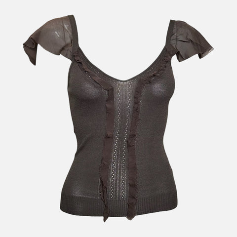 Valentino S/S 2003 Brown Knit Ruffle-Trim Crystal-Embellished Top