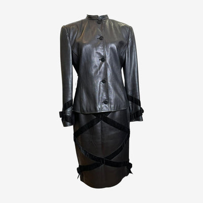 Valentino 1980s Black Leather Jacket and Skirt Ensemble