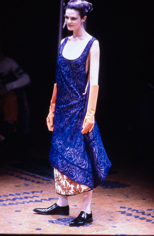 Comme Des Garçons F/W 1996 Navy Rose-Print Sheer Apron Dress