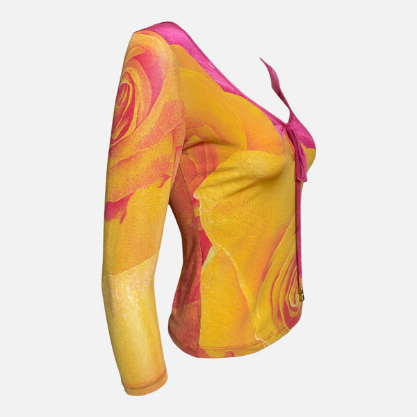 Roberto Cavalli F/W 1999 Pink & Yellow Rose-Print Long-Sleeve Top
