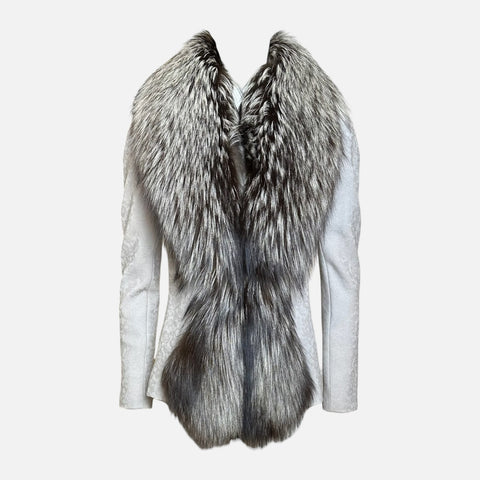 Christian Dior by John Galliano F/W 1998 Ivory Floral Brocade Jacket With Silver Fox Fur Trim