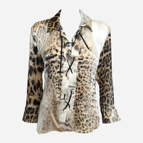 Roberto Cavalli F/W 2001 Ivory And Tan Leopard-Print Lace-Up Shirt