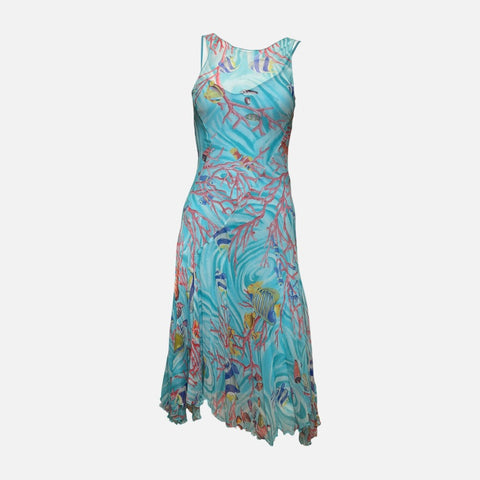 Blumarine 2000s Aqua Sheer Coral-Print Asymmetric Midi Dress