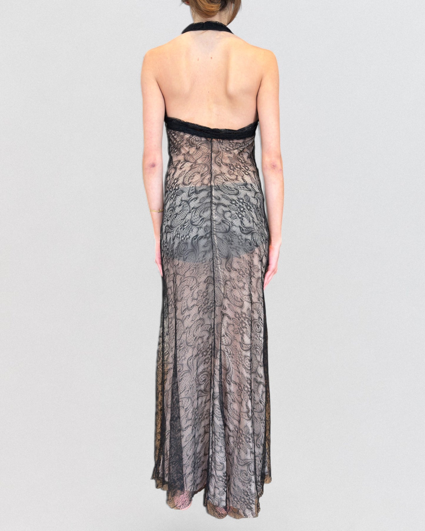 John Galliano 2000s Black Lace Semi-Sheer Maxi Evening Gown