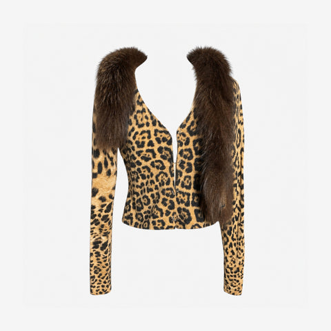 Roberto Cavalli F/W 2000 Fur Collar Leopard Print Cardigan
