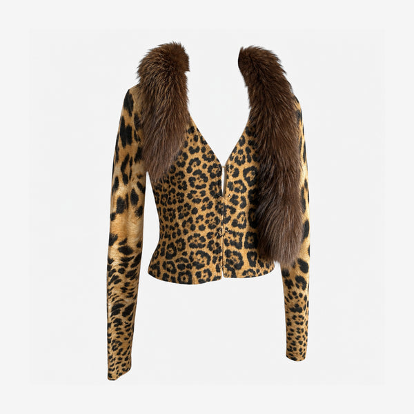 Roberto Cavalli F/W 2000 Fur Collar Leopard Print Cardigan