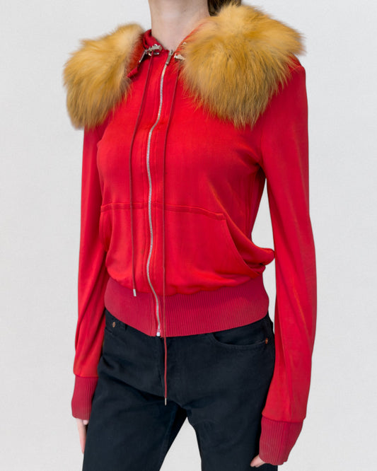 Christian Dior by John Galliano Fall 2003 Silk Red Hoodie with Fox Fur Trim