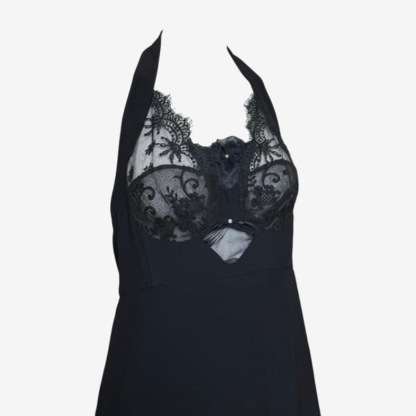 Christian Lacroix S/S 1996 Black Lace Panel Halter Gown