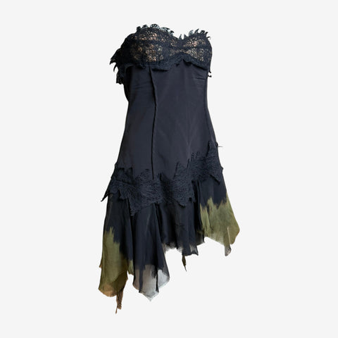 Versace F/W 2003 Strapless Silk Mini Dress with Lace Trim