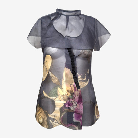 Prada S/S 2008 Grey Sheer Printed Capelet Blouse