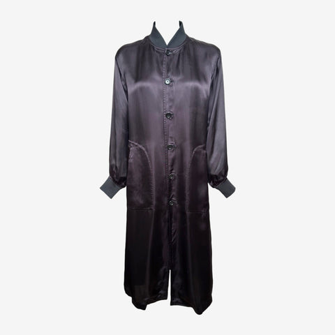 Comme Des Garçons S/S 1986 Reissue Black Satin Staff Coat With Back Logo Print