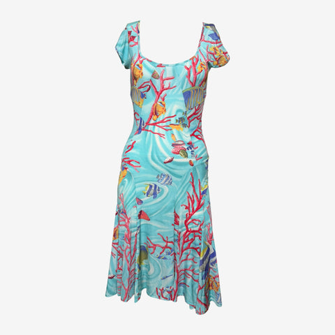 Blumarine Early 2000s Underwater Coral Print Jersey Dress