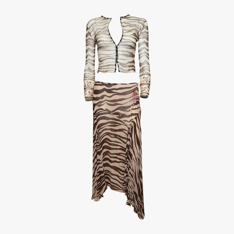 Blumarine S/S 2000 Zebra Print Mesh Cardigan and Asymmetric Skirt Ensemble