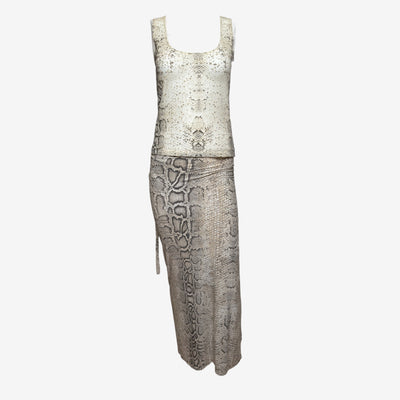 Roberto Cavalli S/S 1998 Ivory And Stone Snake-Print Tank Top And Wrap Maxi Skirt Ensemble