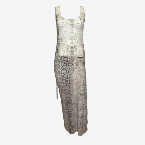 Roberto Cavalli S/S 1998 Ivory And Stone Snake-Print Tank Top And Wrap Maxi Skirt Ensemble