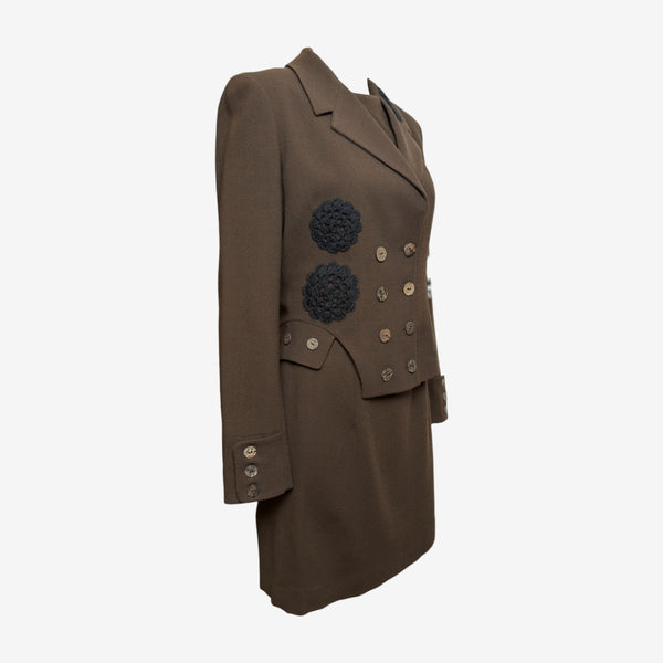 John Galliano F/W 2000 Khaki Brown Floral-Appliqué Double-Breasted Jacket And Shift Dress Ensemble