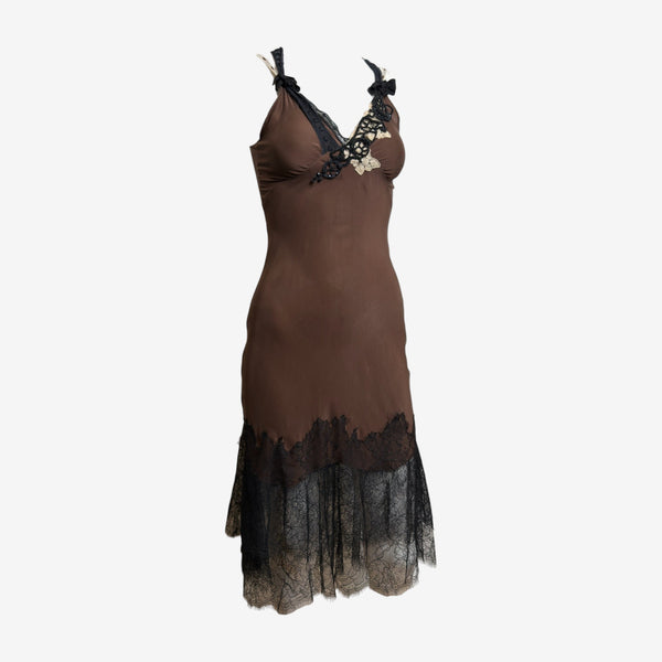 Lolita Lempicka 1990s Brown Beaded Lace-Trimmed Slip Dress