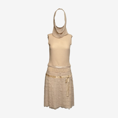 Blumarine S/S 2004 Ecru Hooded Lace And Satin-Ribbon Mini Dress Ensemble