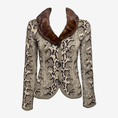 Valentino 2000s Beige & Brown Intarsia Snakeskin-Print Fur-Collar Cardigan