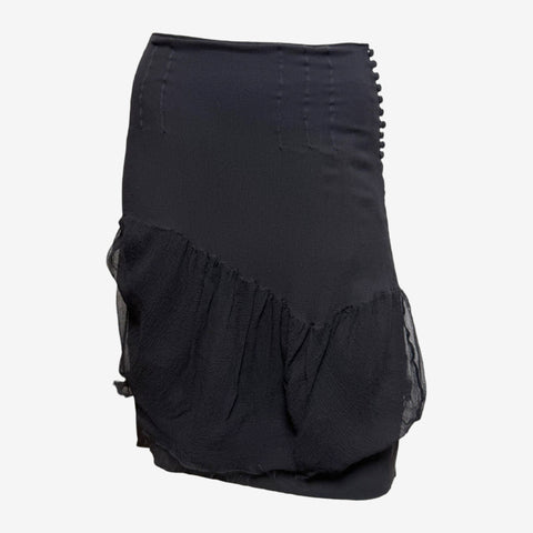 John Galliano F/W 2006 Black Ruched Bubble Mini Skirt With Covered-Button Placket And Sheer Hem Frill