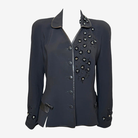 Christian Dior by John Galliano S/S 2006 Black Beaded Floral Leather-Trimmed Bar Jacket