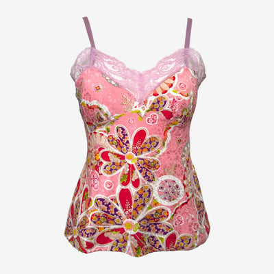 John Galliano S/S 2006 Pink Floral-Print Lace-Trim Camisole Top