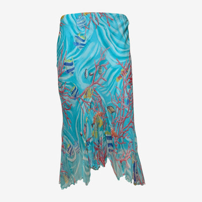Blumarine Early 2000s Turquoise Underwater Print Pleated Mesh Midi Skirt