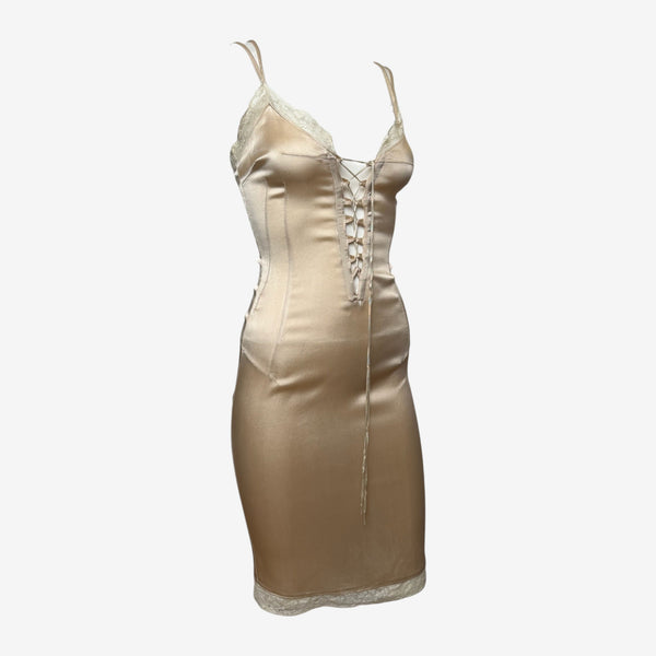 D&G Champion Beige Satin Lace-Trim Lace-Up Corset Mini Dress