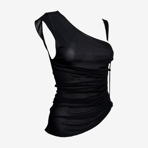 Emanuel Ungaro S/S 2005 Black Ruched Lace-Up Leather-Trimmed Top