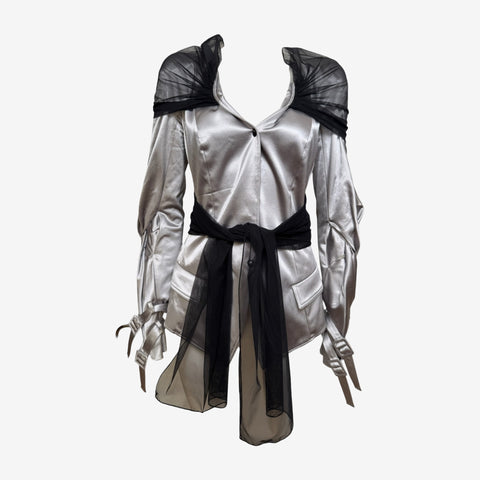 Christian Dior by John Galliano S/S 2004 Silver Metallic Satin Ruched Tulle Jacket