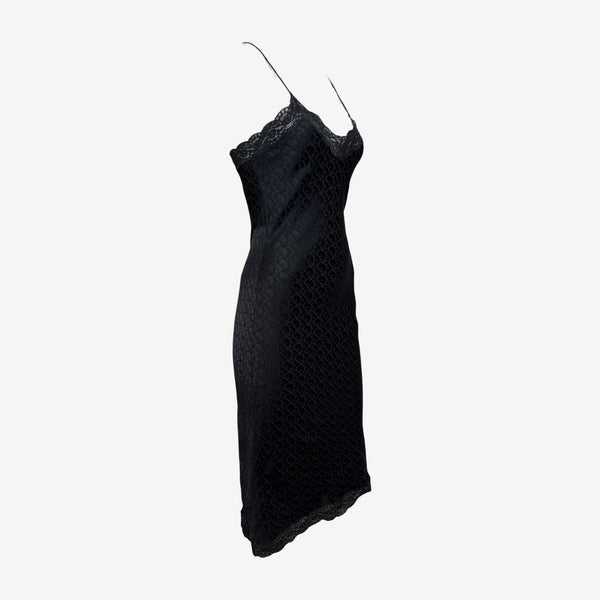 Christian Dior by John Galliano S/S 2001 Black Monogram Jacquard Lace-Trim Slip Dress