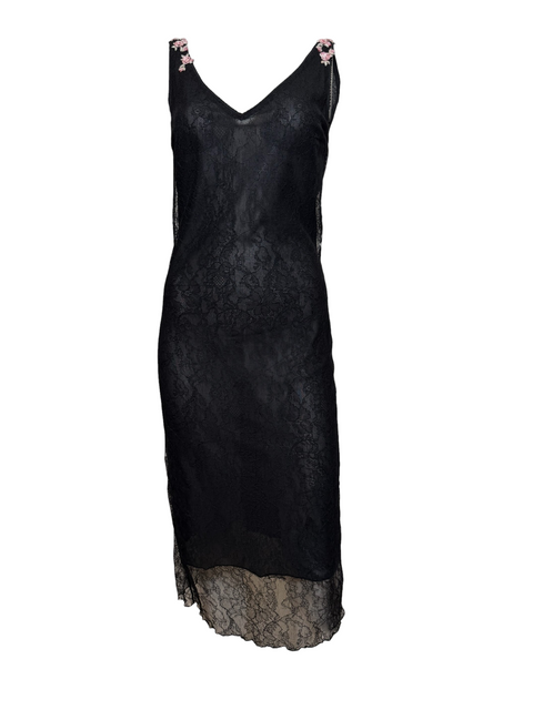 Blumarine S/S 2000 Black Lace Rose-Embellished Midi Dress