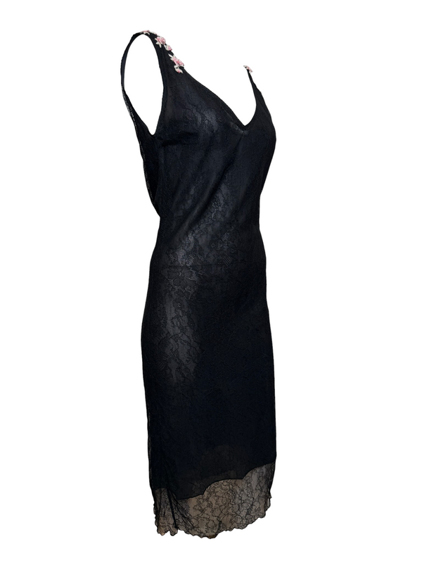 Blumarine S/S 2000 Black Lace Rose-Embellished Midi Dress