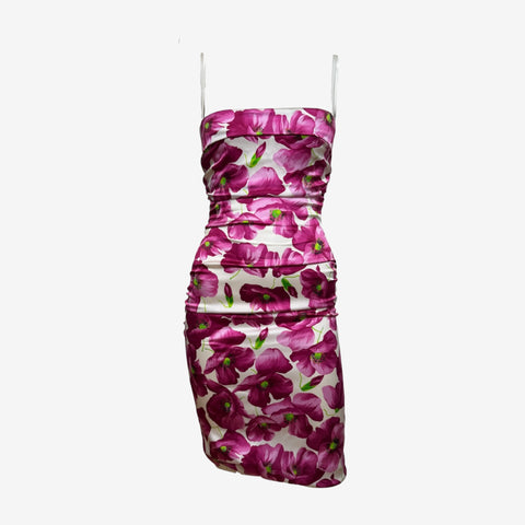 Dolce & Gabbana S/S 2008 White And Magenta Poppy-Print Ruched Silk Mini Dress