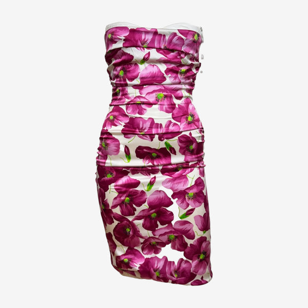 Dolce & Gabbana S/S 2008 White And Magenta Poppy-Print Ruched Silk Mini Dress