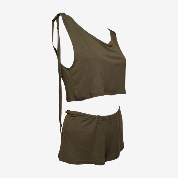 Chloe by Phoebe Philo S/S 2002 Khaki Lobster-Print Cropped Top And Shorts Set