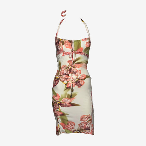 Roberto Cavalli S/S 2004 Ivory Orchid-Print Halterneck Mini Dress