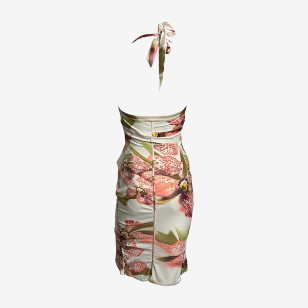 Roberto Cavalli S/S 2004 Ivory Orchid-Print Halterneck Mini Dress