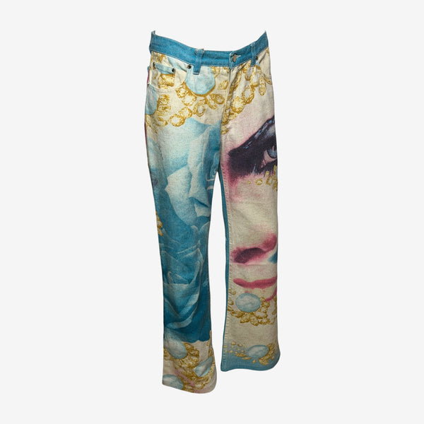 Roberto Cavalli S/S 2001 Turquoise & Cream Liz Eye Straight-Leg Denim Jeans