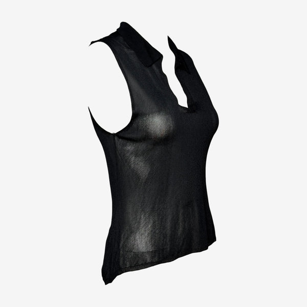 Prada 1990s Black Sheer Fine-Knit Sleeveless Polo Top