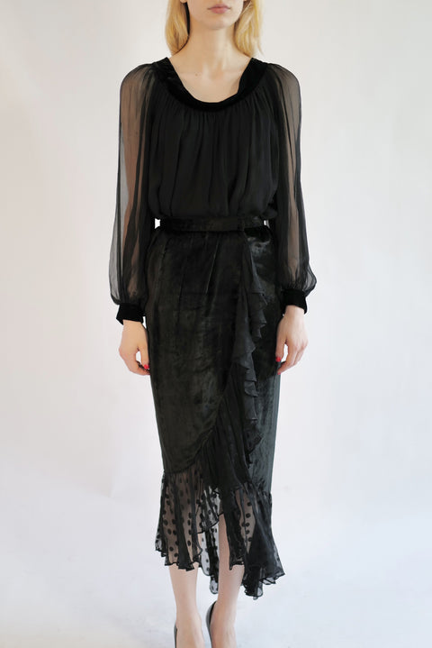 Saint Laurent F/W 1978 Black Sheer Velvet Polka-Dot Ruffled Midi Skirt And Top Ensemble